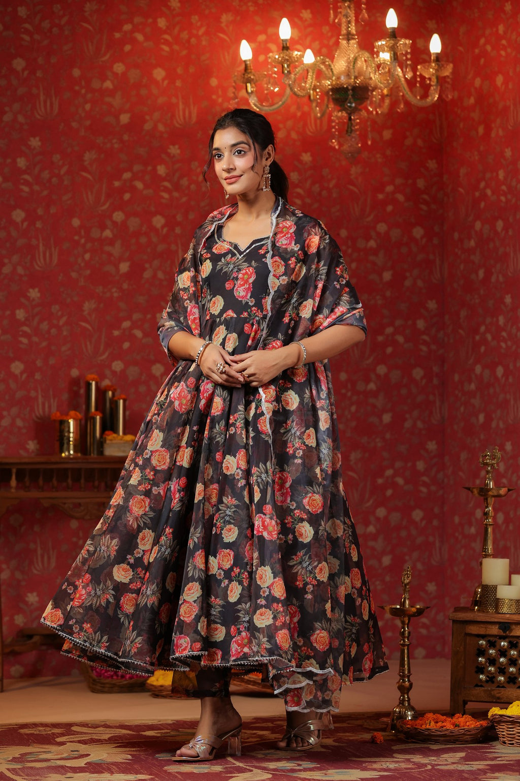 Woodsmoke Black Organza Anarkali Set