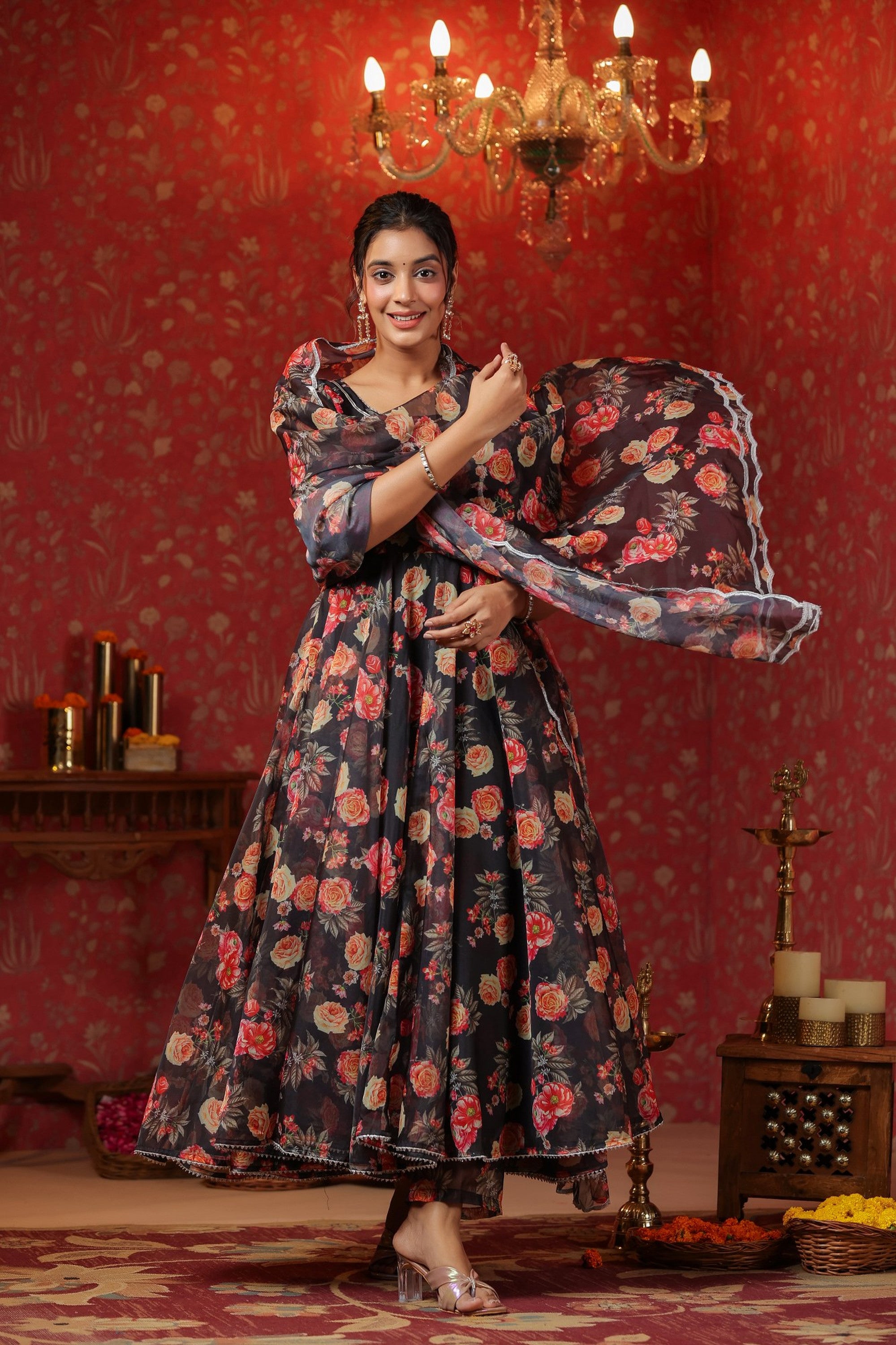Woodsmoke Black Organza Anarkali Set