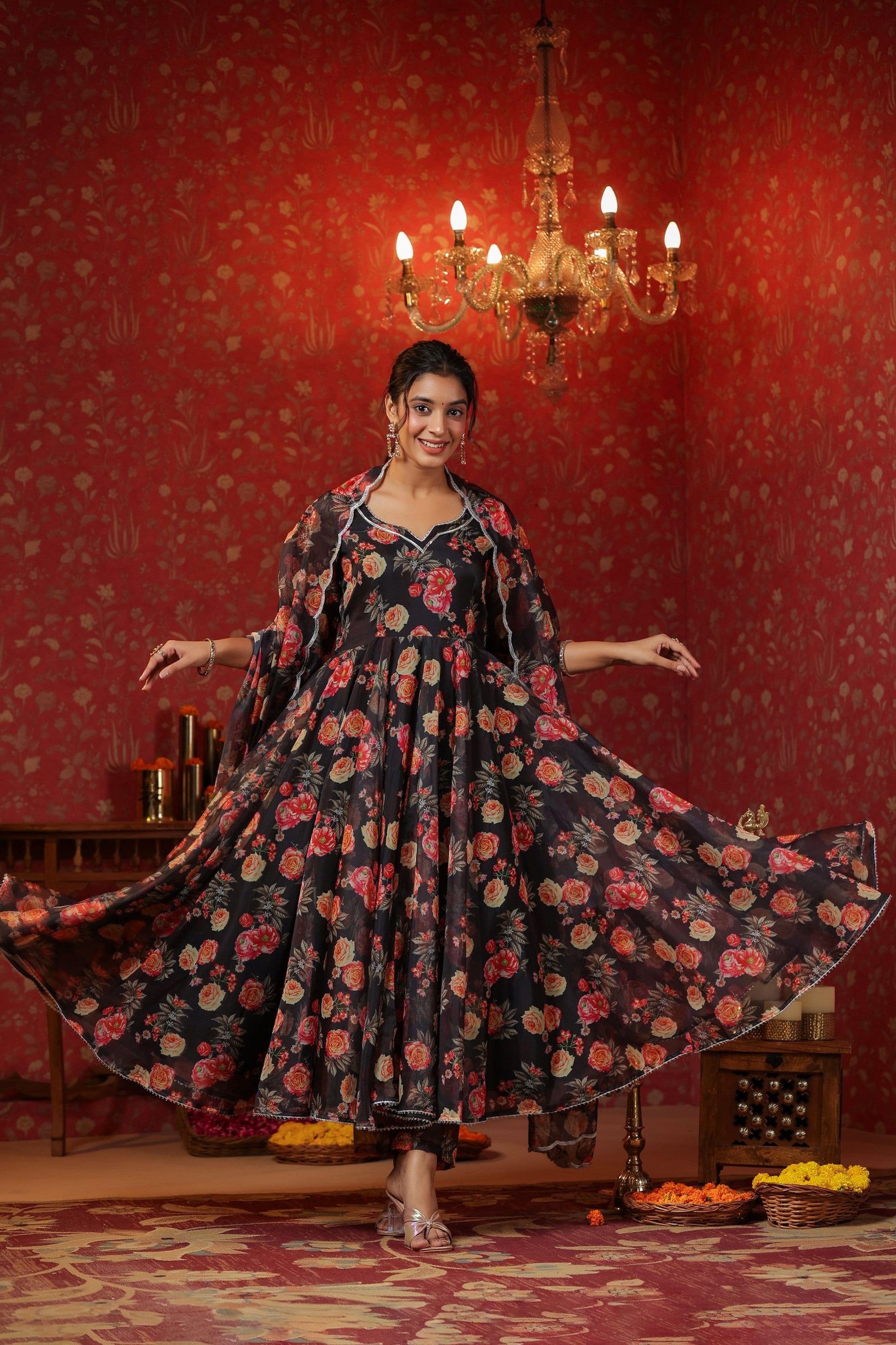 Woodsmoke Black Organza Anarkali Set