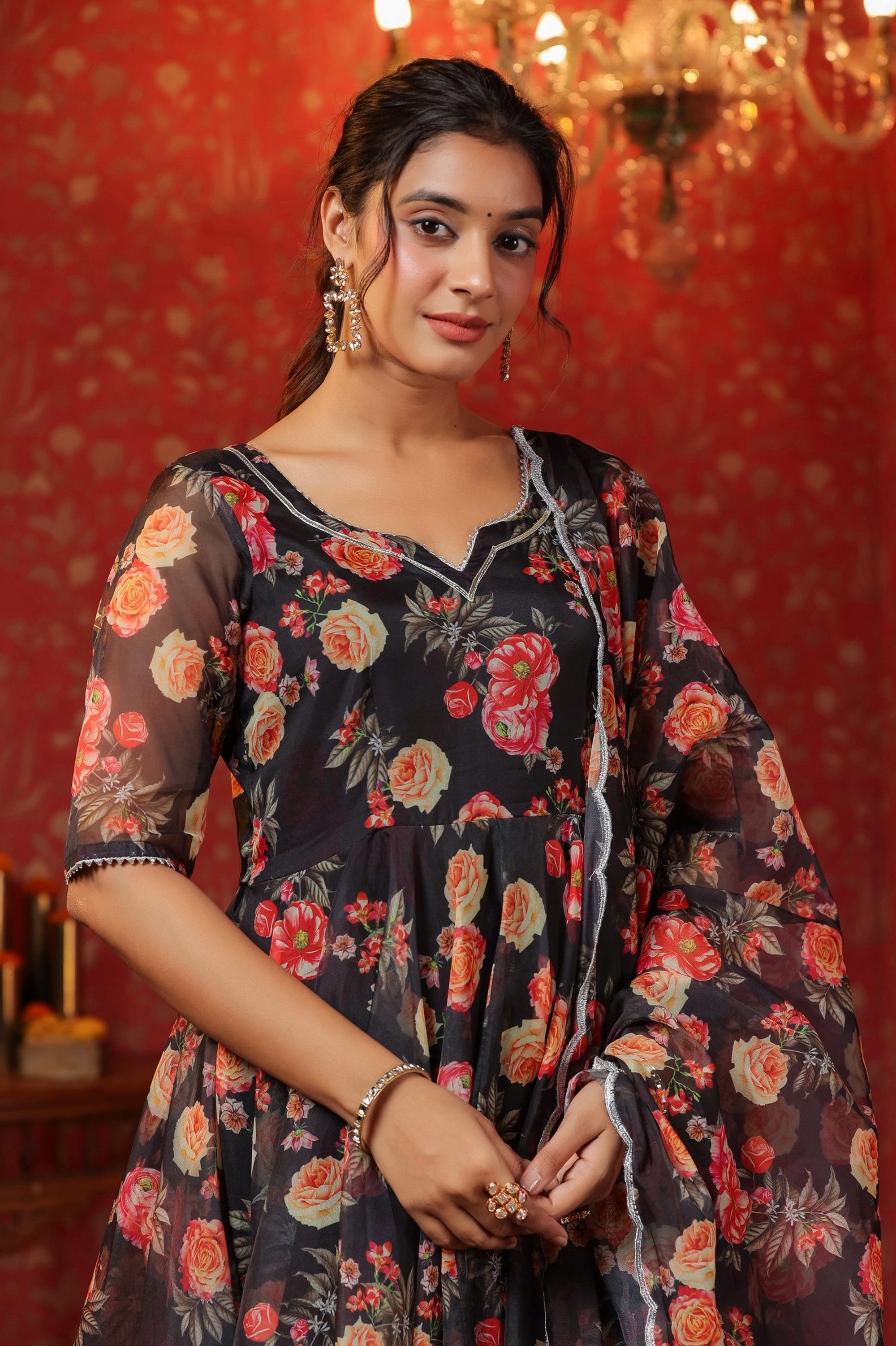 Woodsmoke Black Organza Anarkali Set
