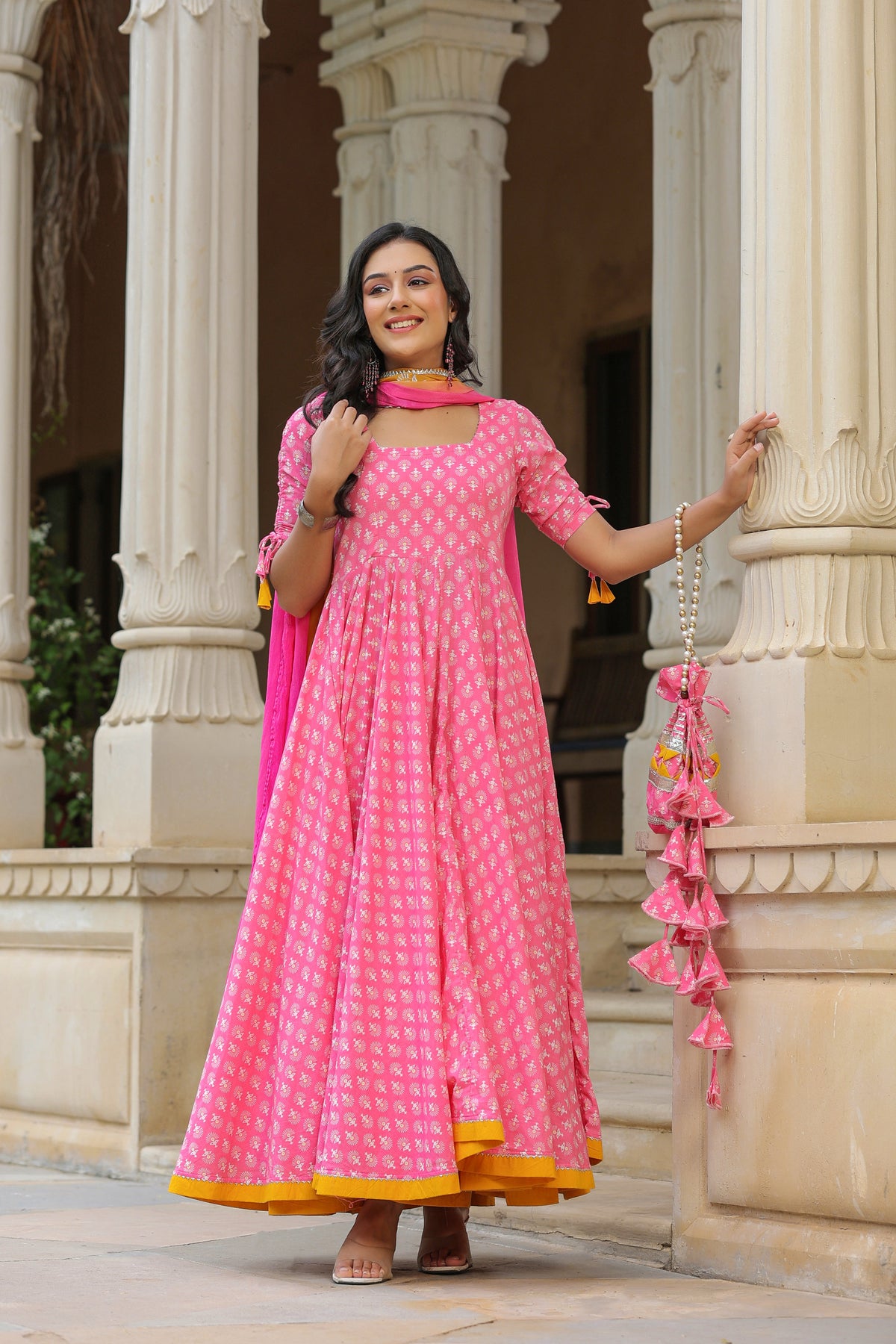 Tickle Pink Cotton Anarkali Suit Set