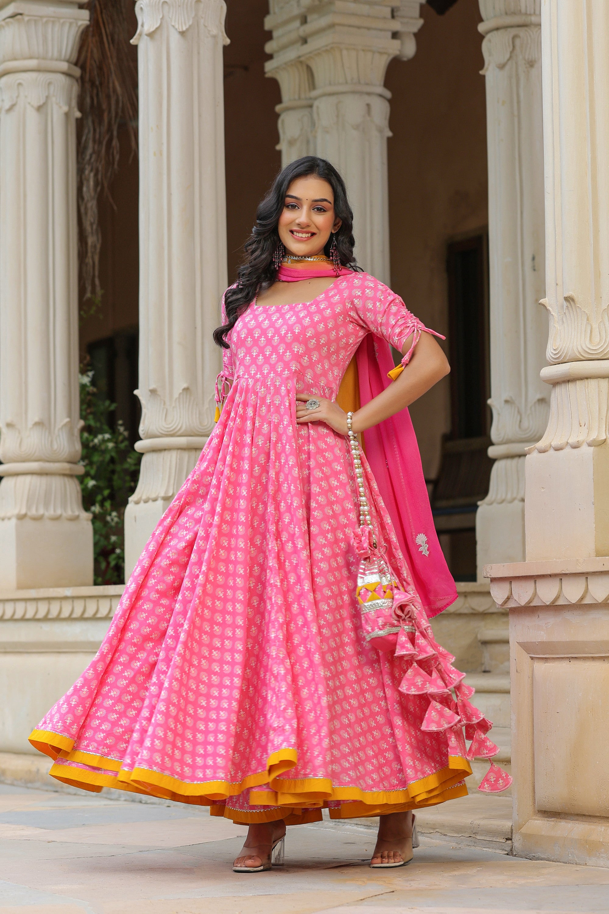 Tickle Pink Cotton Anarkali Suit Set