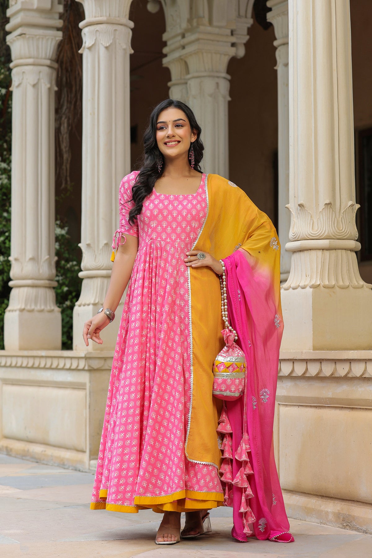 Tickle Pink Cotton Anarkali Suit Set