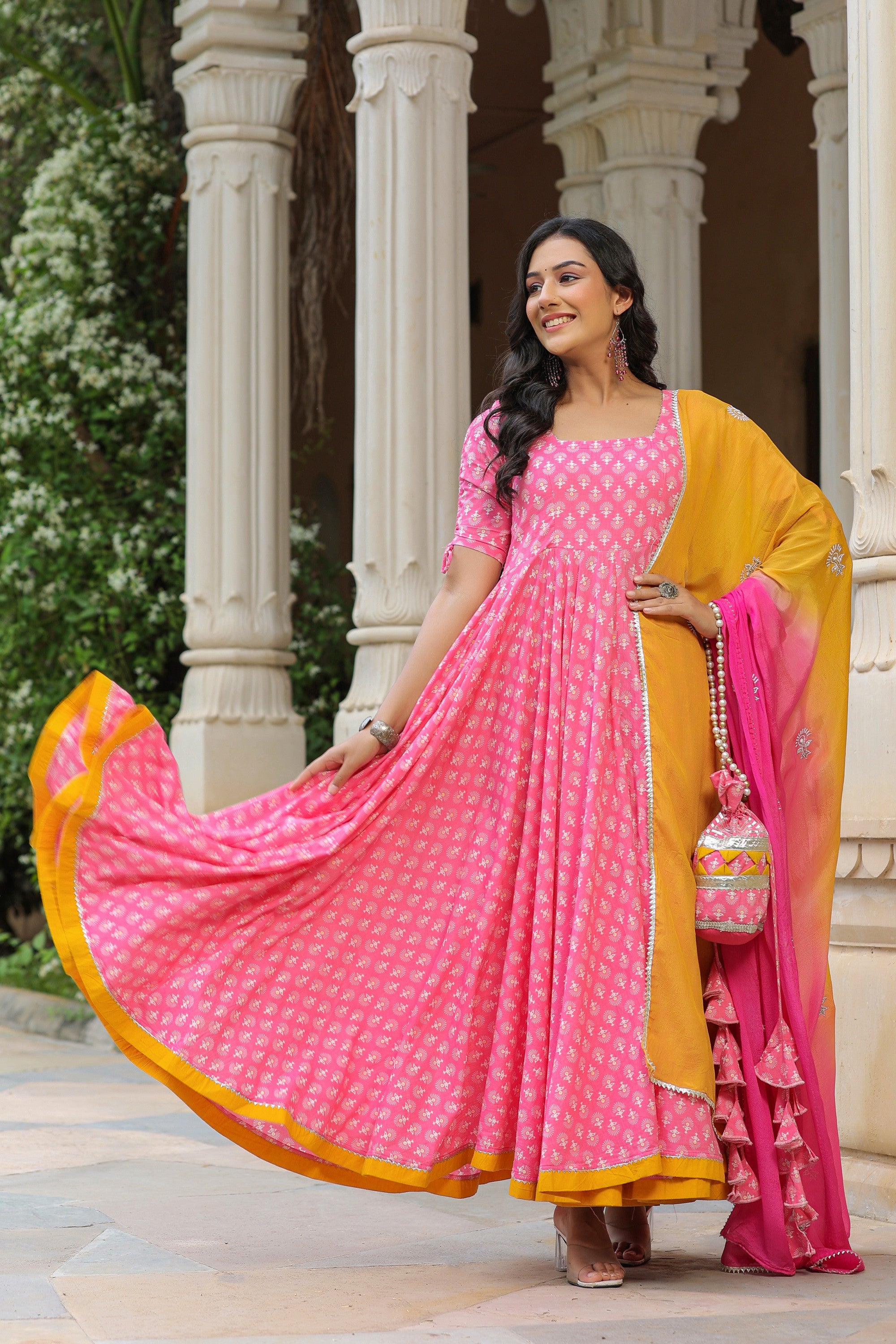 Tickle Pink Cotton Anarkali Suit Set