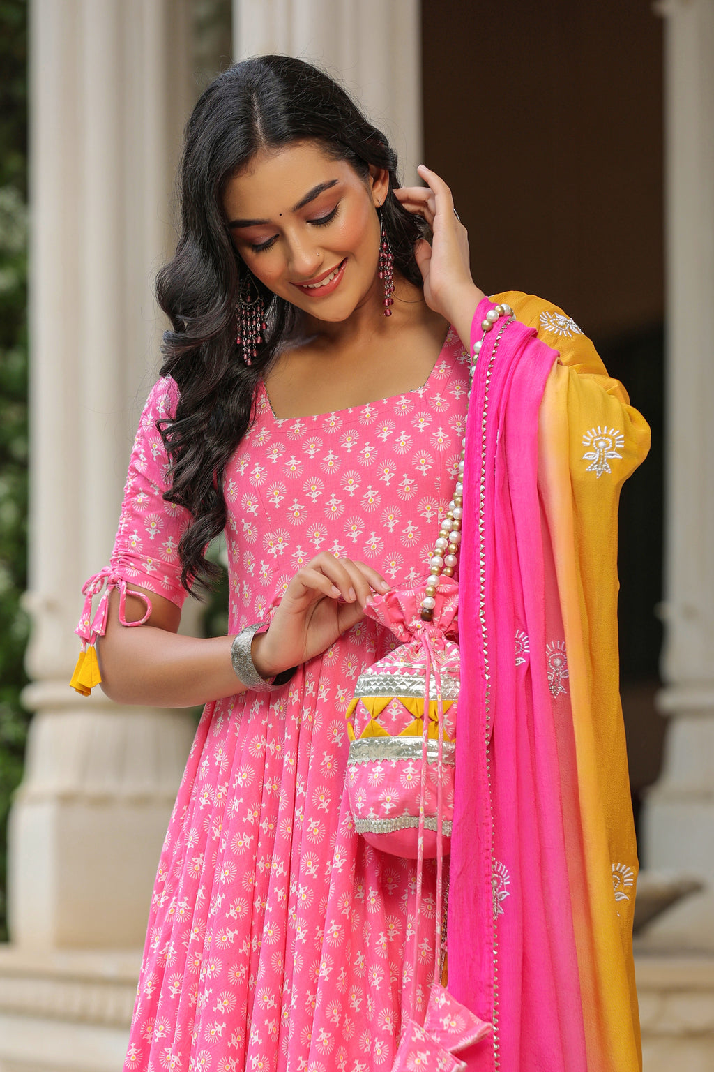 Tickle Pink Cotton Anarkali Suit Set