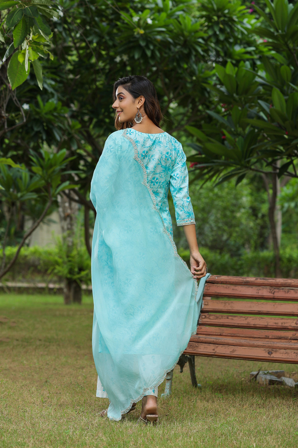 Ice Blue Embroidered Cotton Floral Print Kurta Suit  Set Of 3
