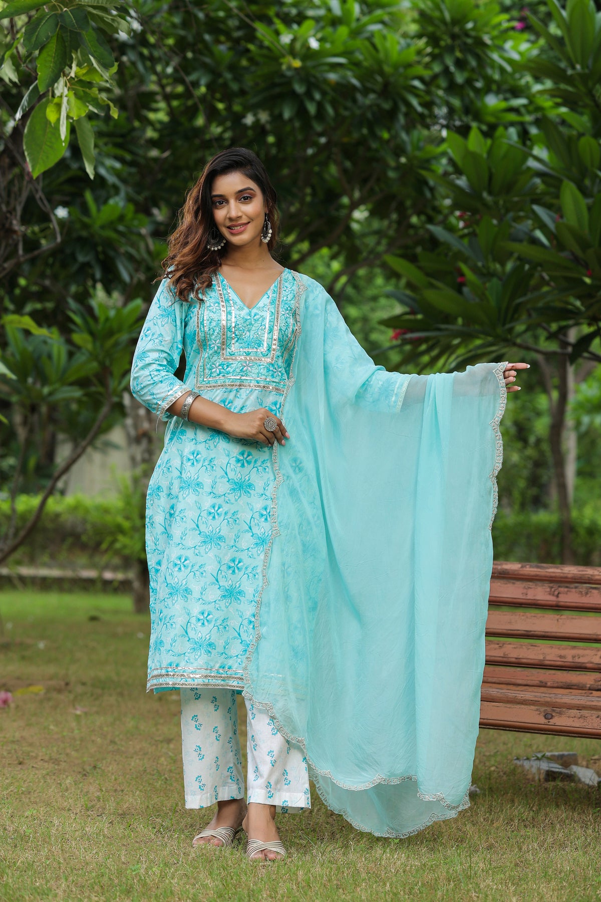 Ice Blue Embroidered Cotton Floral Print Kurta Suit  Set Of 3