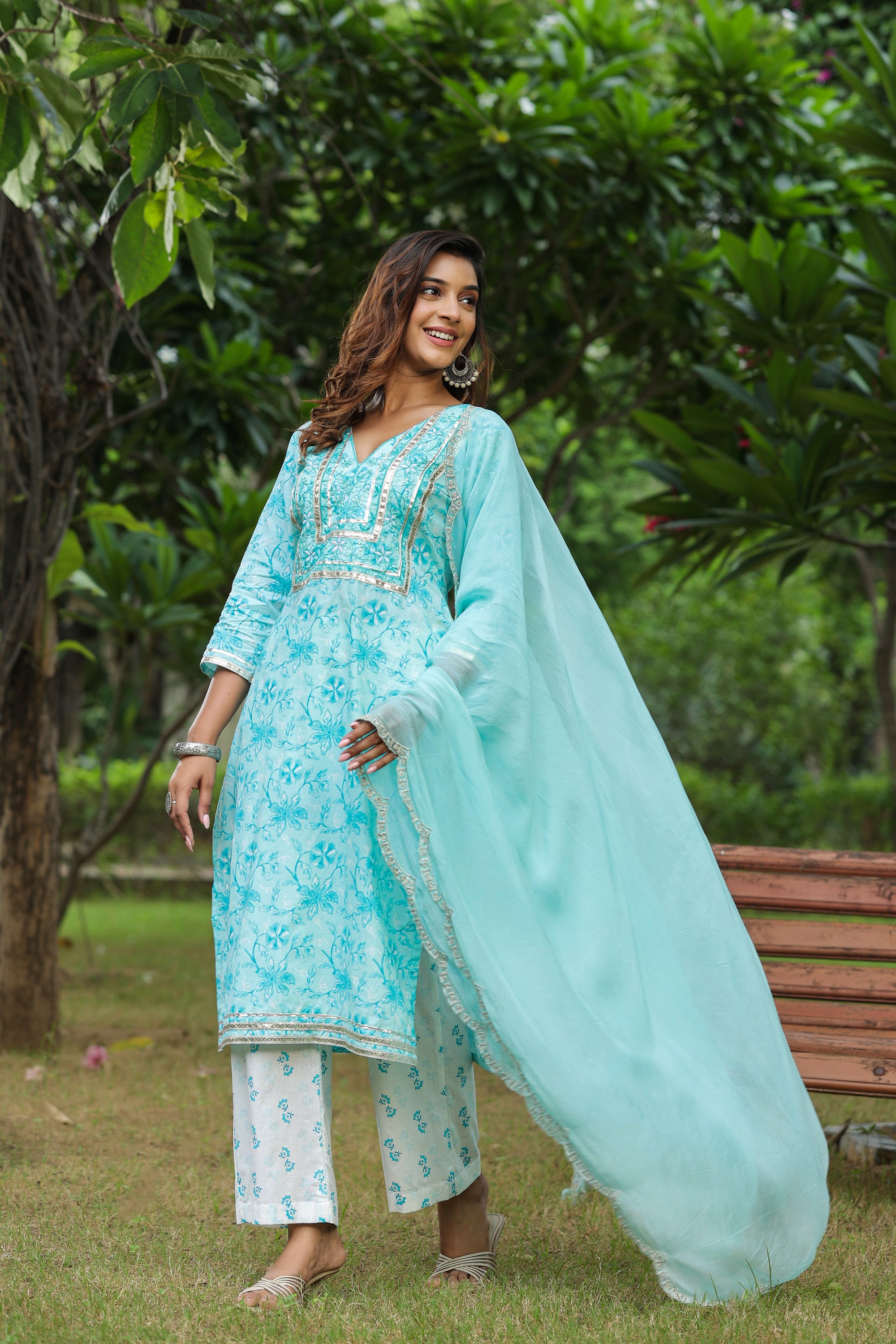 Ice Blue Embroidered Cotton Floral Print Kurta Suit  Set Of 3