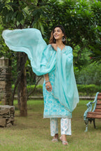 Ice Blue Embroidered Cotton Floral Print Kurta Suit  Set Of 3