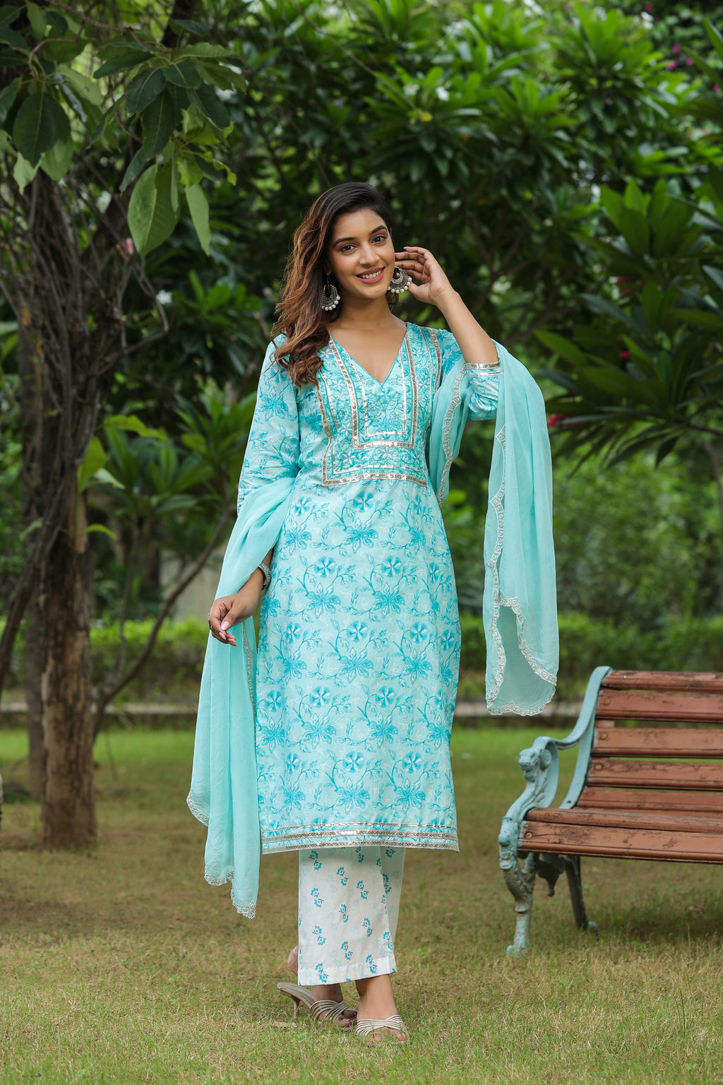 Ice Blue Embroidered Cotton Floral Print Kurta Suit  Set Of 3