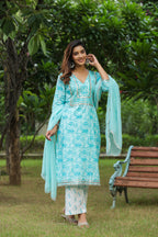 Ice Blue Embroidered Cotton Floral Print Kurta Suit  Set Of 3