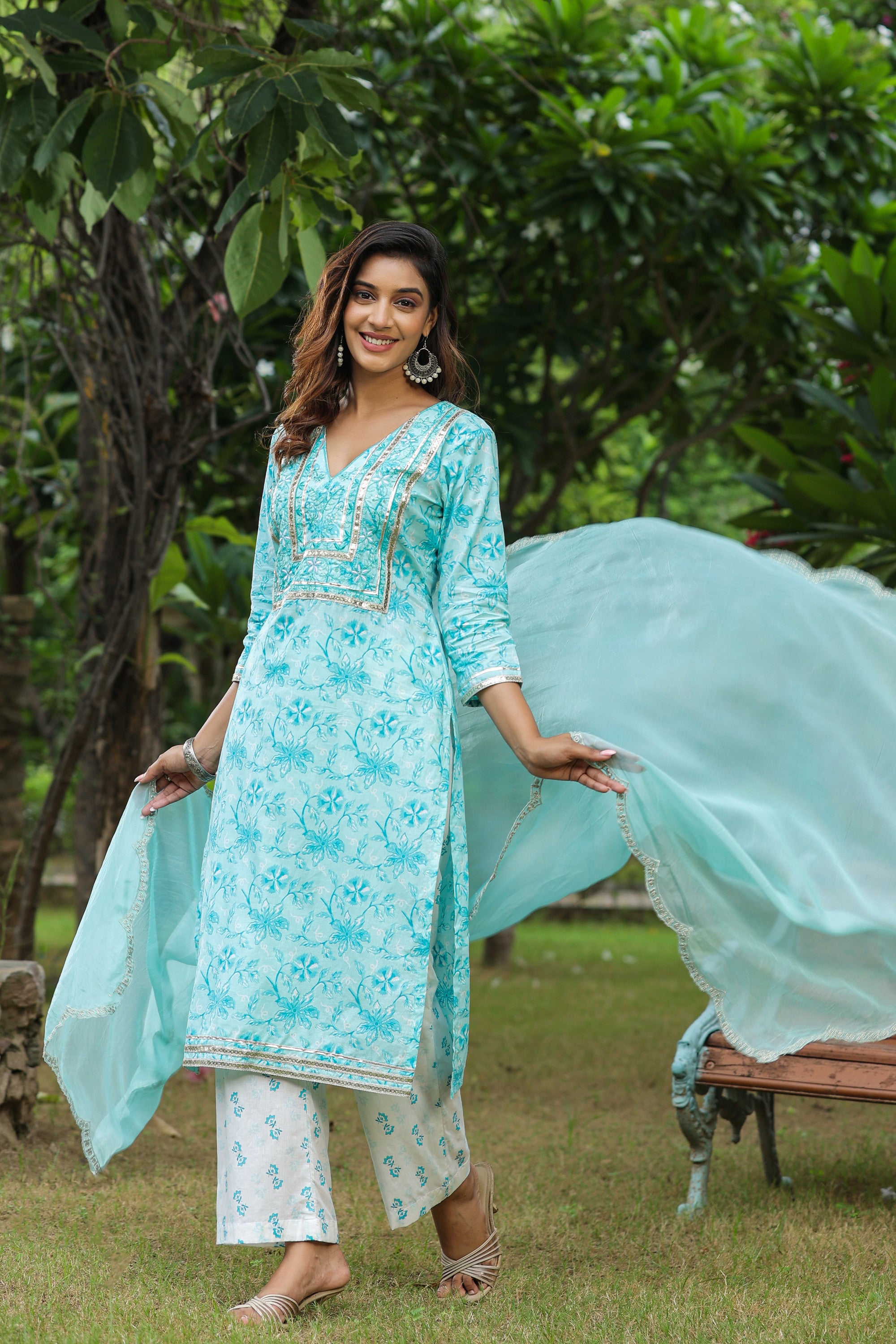 Ice Blue Embroidered Cotton Floral Print Kurta Suit  Set Of 3