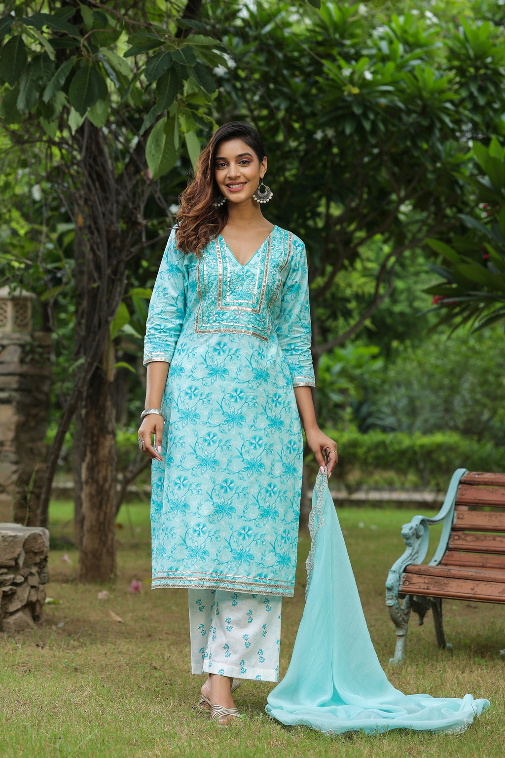 Ice Blue Embroidered Cotton Floral Print Kurta Suit  Set Of 3