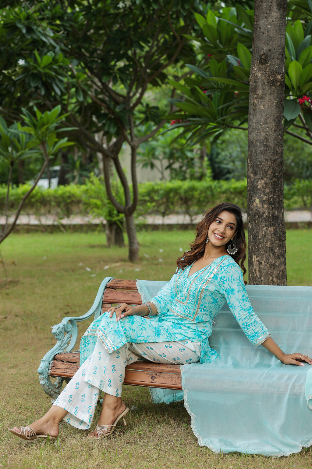 Ice Blue Embroidered Cotton Floral Print Kurta Suit  Set Of 3