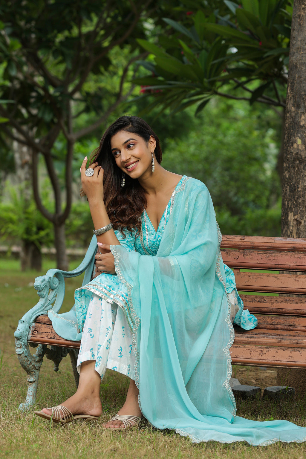 Ice Blue Embroidered Cotton Floral Print Kurta Suit  Set Of 3