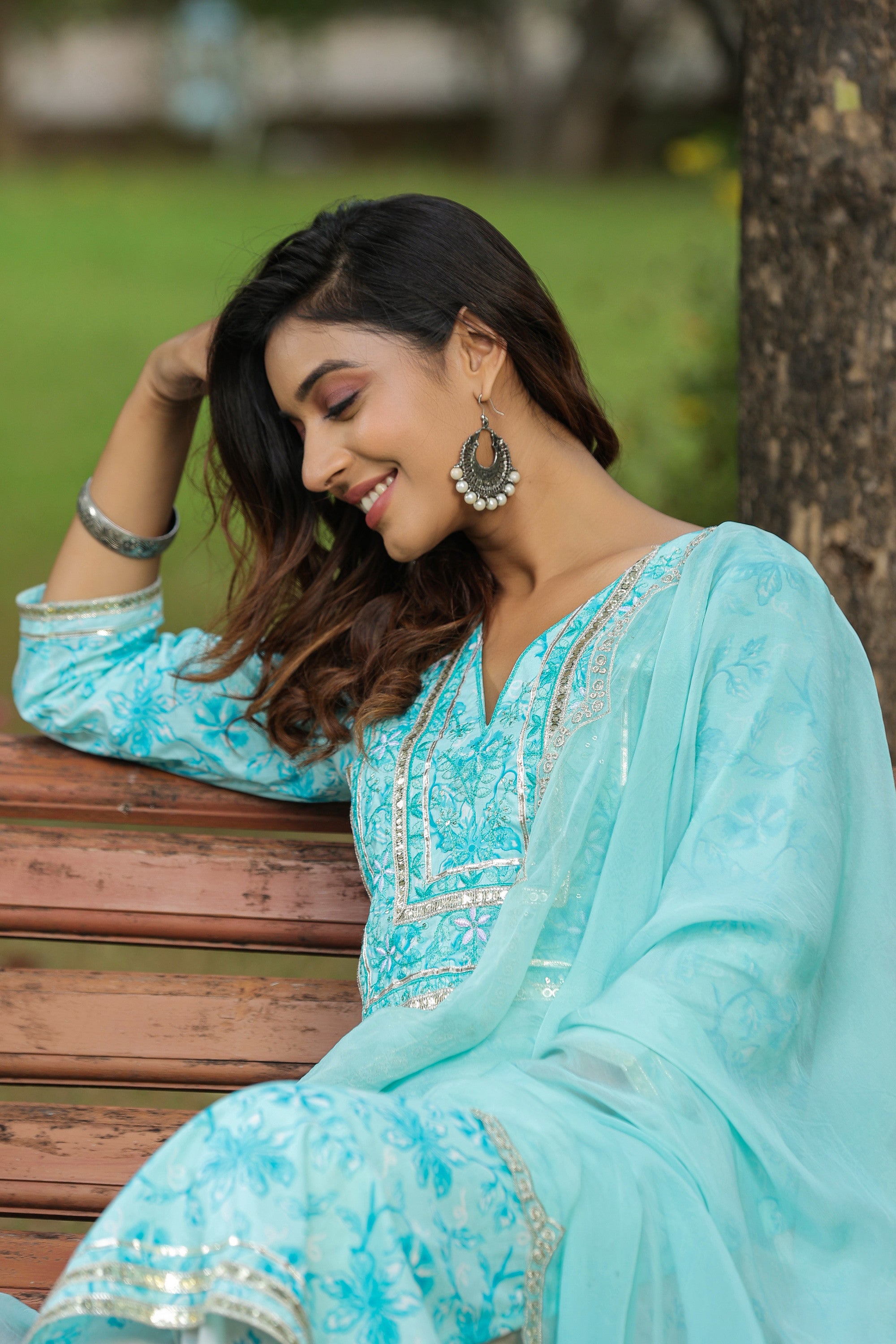 Ice Blue Embroidered Cotton Floral Print Kurta Suit  Set Of 3