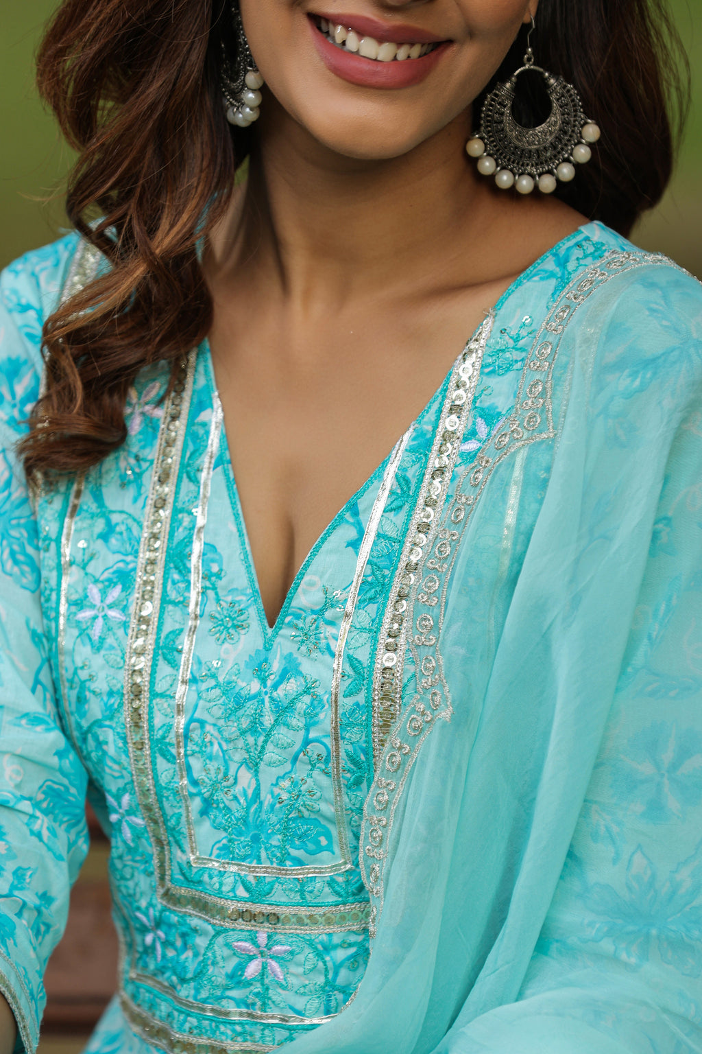 Ice Blue Embroidered Cotton Floral Print Kurta Suit  Set Of 3