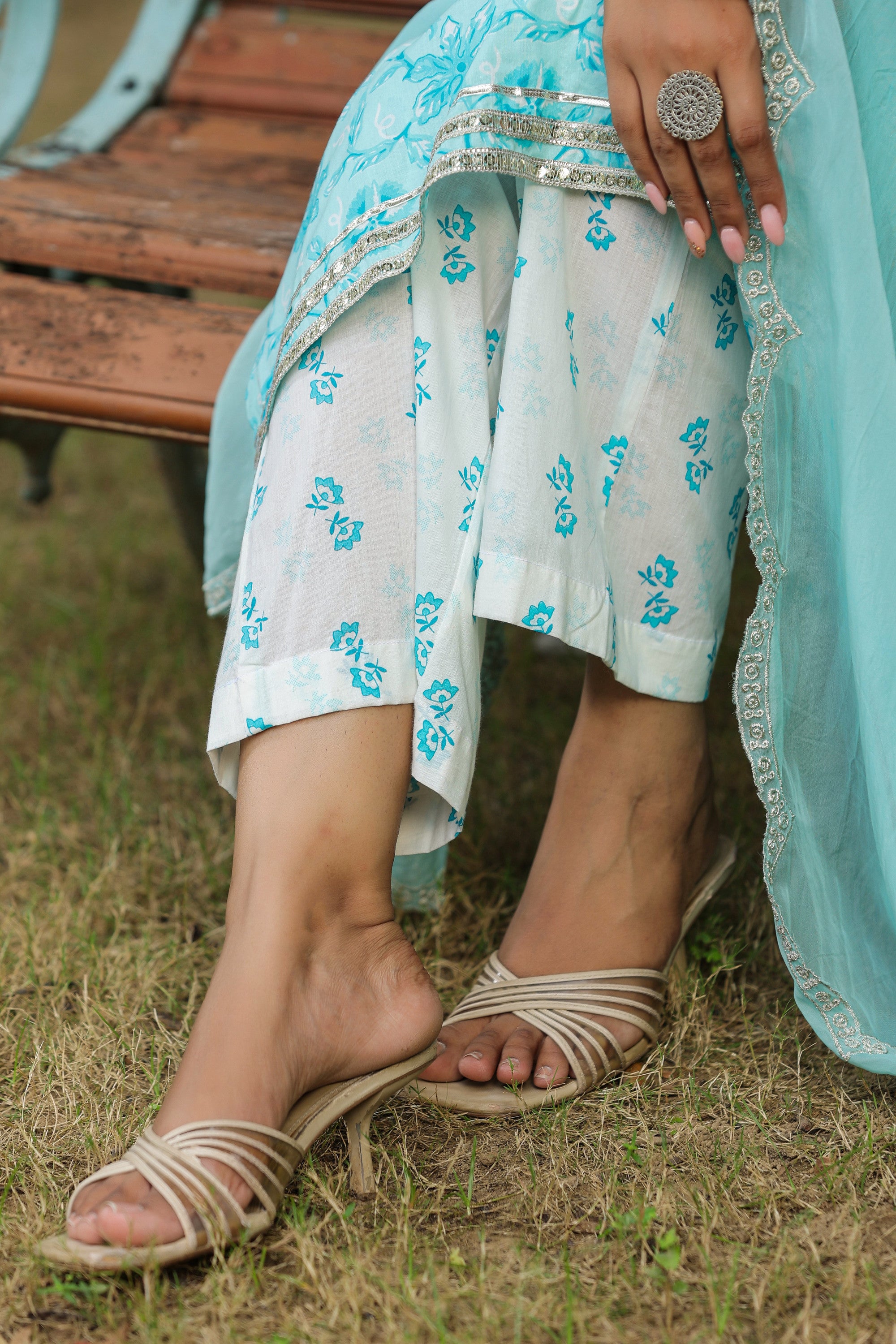 Ice Blue Embroidered Cotton Floral Print Kurta Suit  Set Of 3