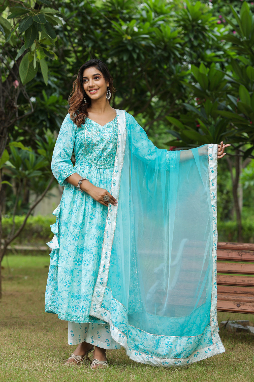 Columbia Blue Cotton Naira Cut Anarkali Suit Set