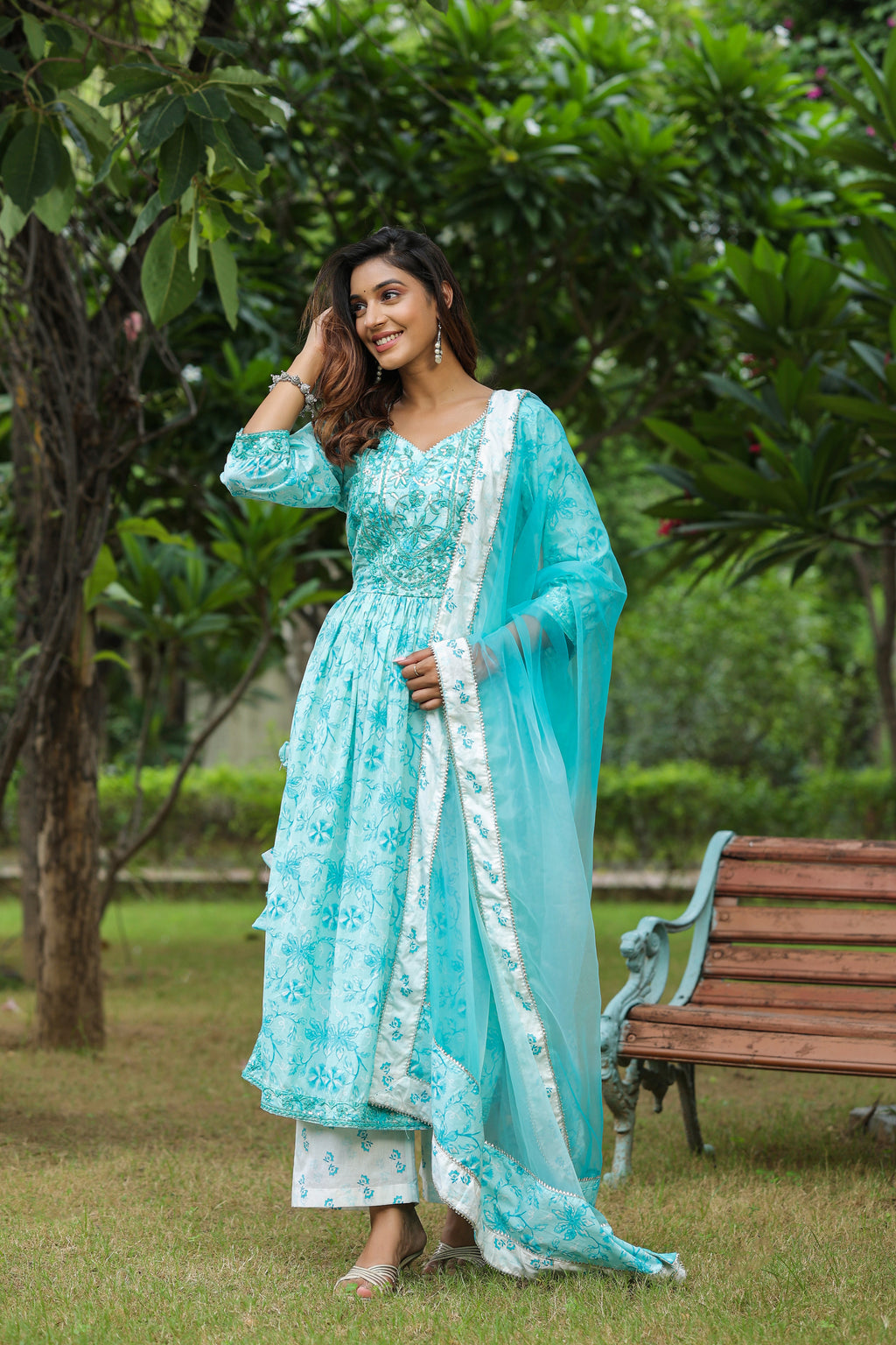Columbia Blue Cotton Naira Cut Anarkali Suit Set