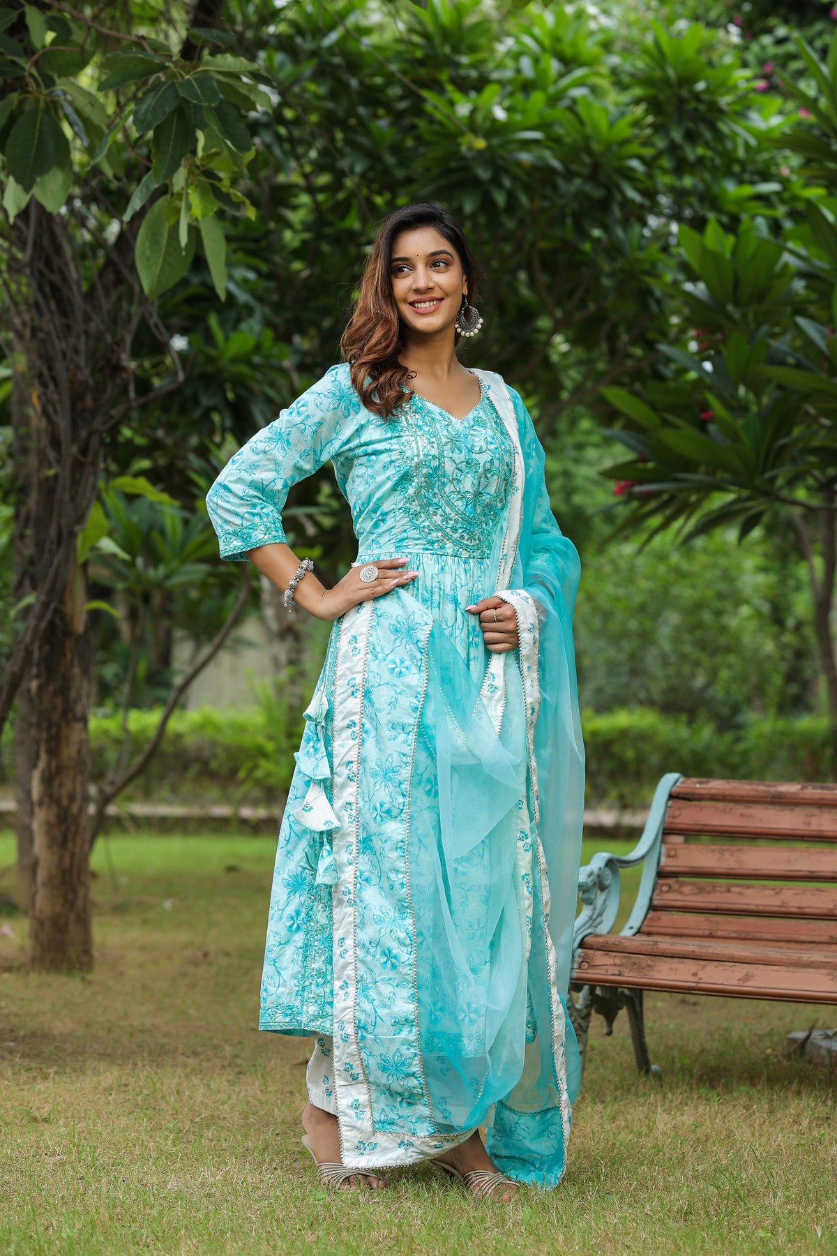 Columbia Blue Cotton Naira Cut Anarkali Suit Set