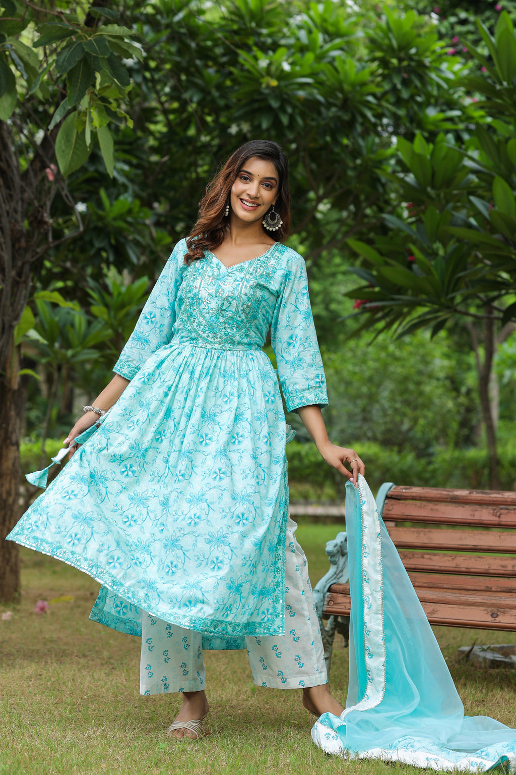 Columbia Blue Cotton Naira Cut Anarkali Suit Set