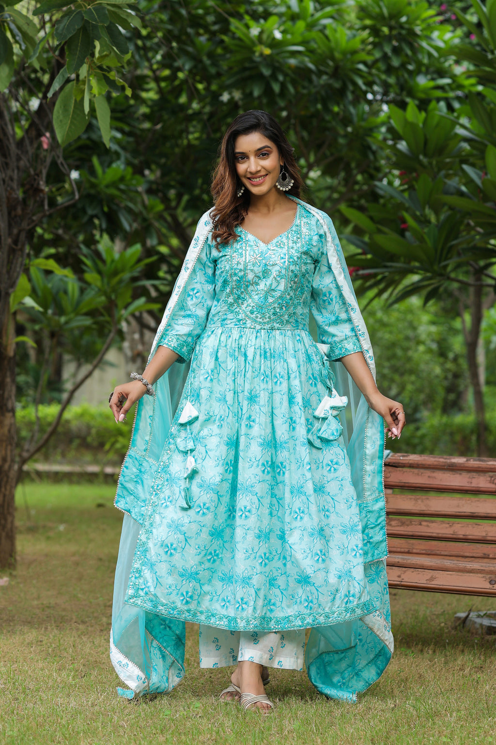 Columbia Blue Cotton Naira Cut Anarkali Suit Set