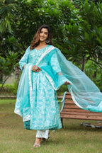 Columbia Blue Cotton Naira Cut Anarkali Suit Set