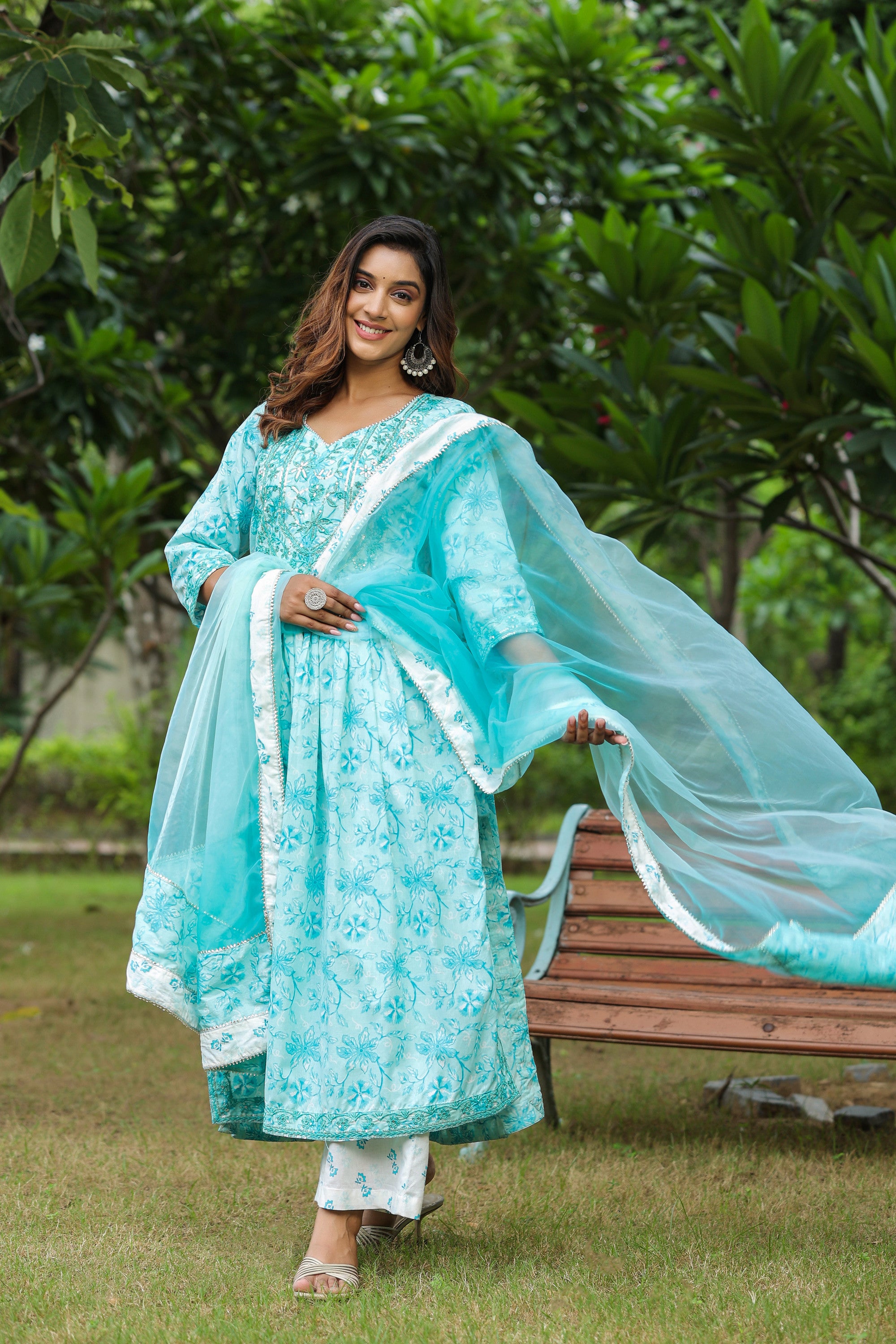 Columbia Blue Cotton Naira Cut Anarkali Suit Set