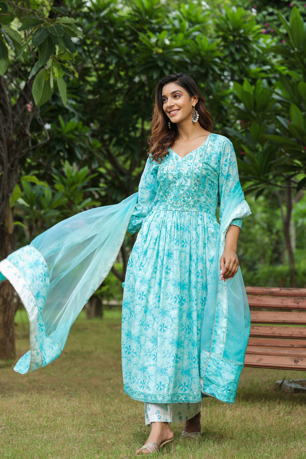 Columbia Blue Cotton Naira Cut Anarkali Suit Set