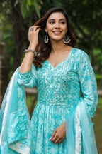 Columbia Blue Cotton Naira Cut Anarkali Suit Set