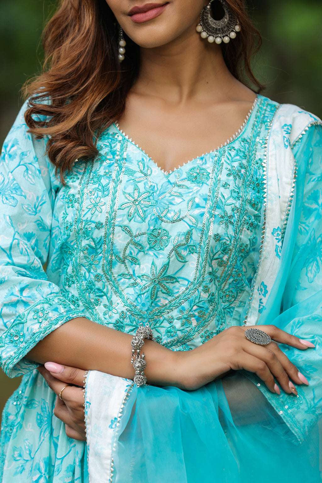 Columbia Blue Cotton Naira Cut Anarkali Suit Set