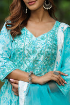 Columbia Blue Cotton Naira Cut Anarkali Suit Set