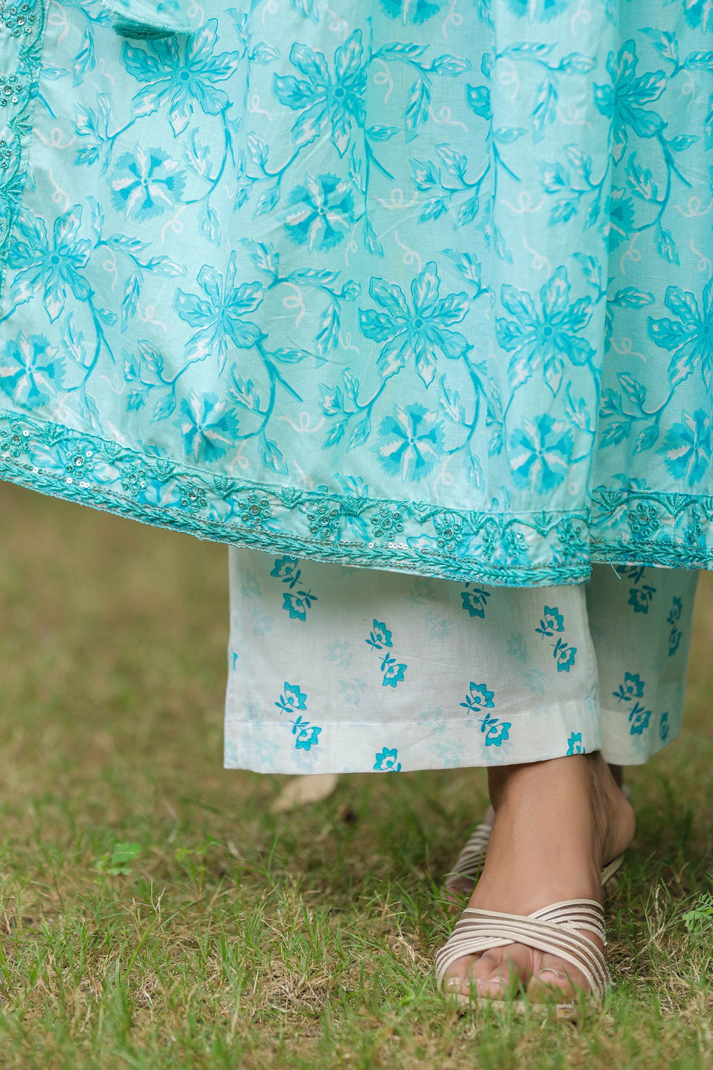 Columbia Blue Cotton Naira Cut Anarkali Suit Set