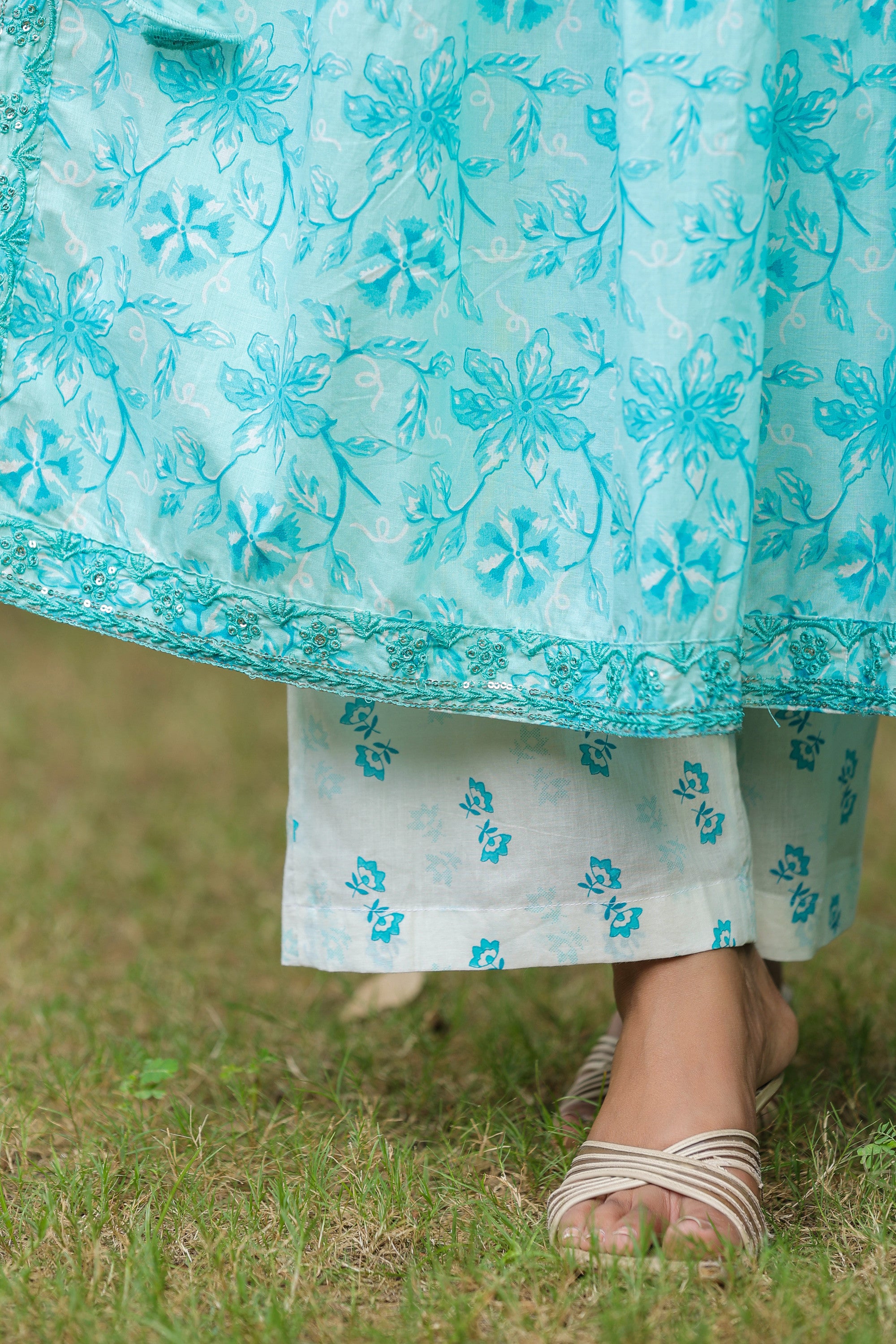 Columbia Blue Cotton Naira Cut Anarkali Suit Set