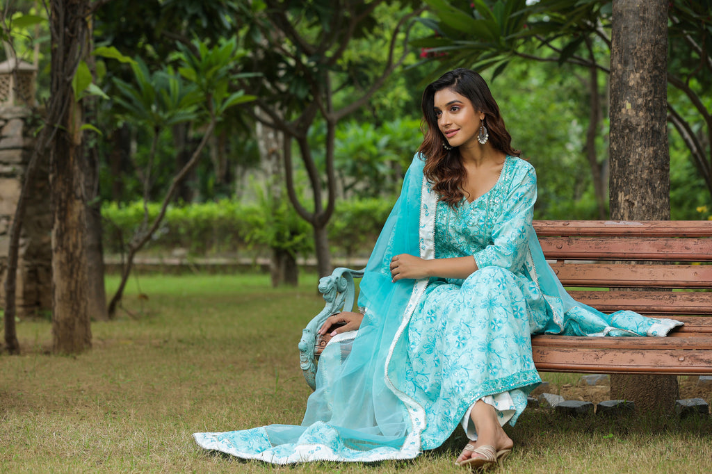 Columbia Blue Cotton Naira Cut Anarkali Suit Set