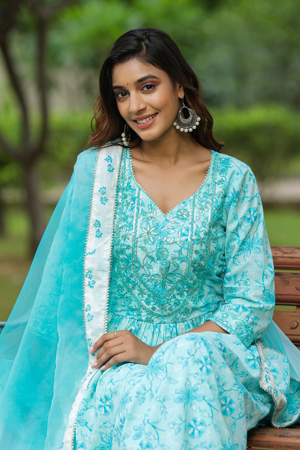 Columbia Blue Cotton Naira Cut Anarkali Suit Set