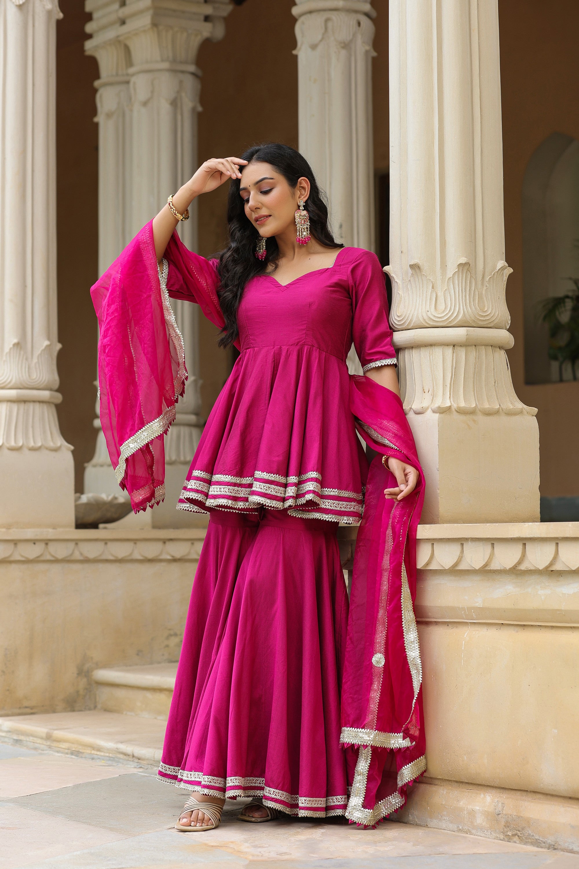 Disco Pink Cotton Silk Sharara Set