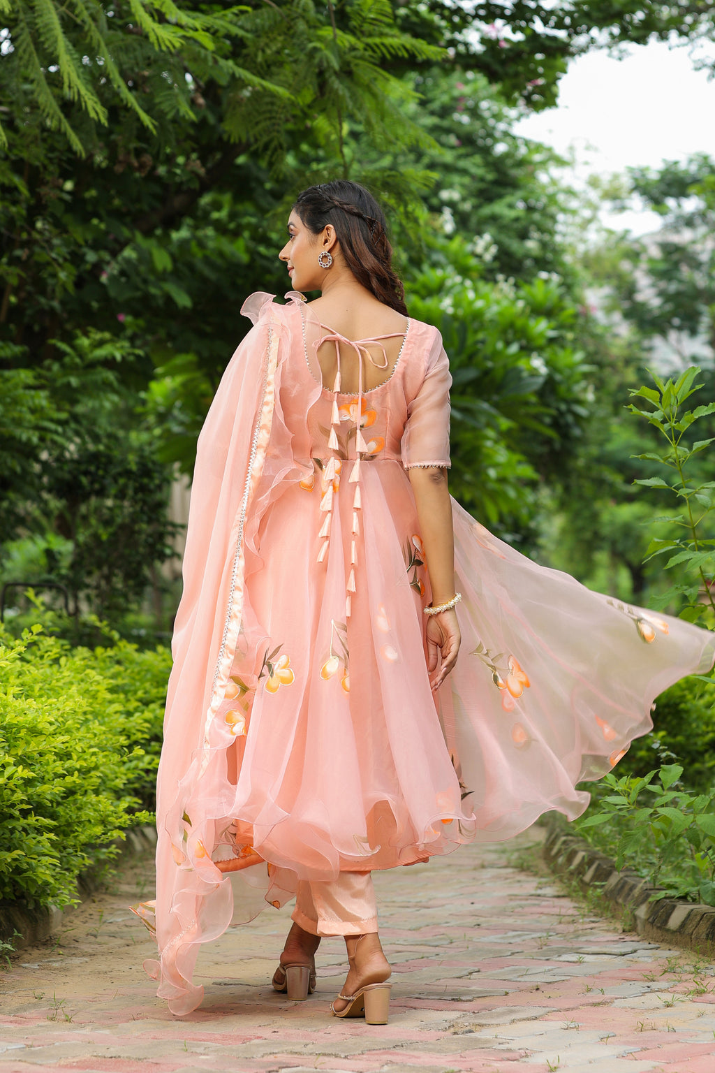Cinderella Blue Hand Print Organza Anarkali Suit Set