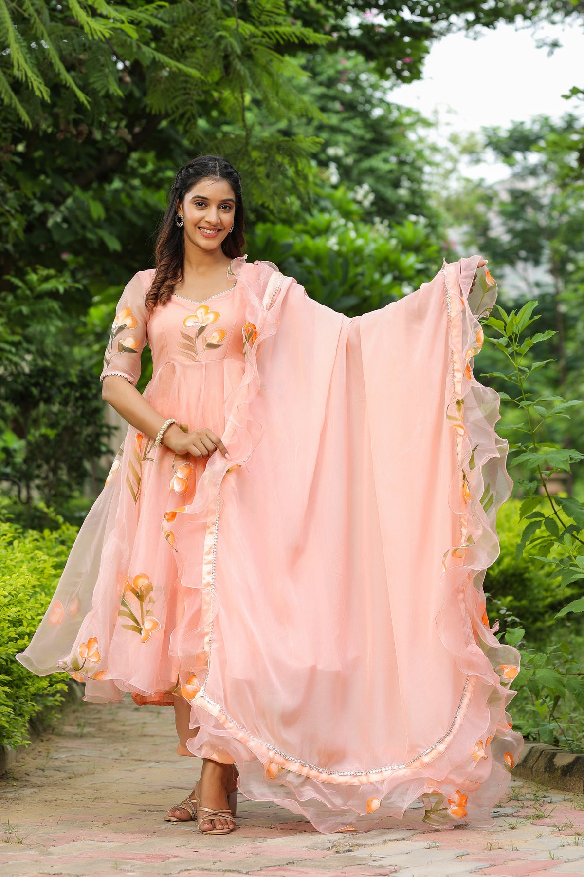 Cinderella Blue Hand Print Organza Anarkali Suit Set