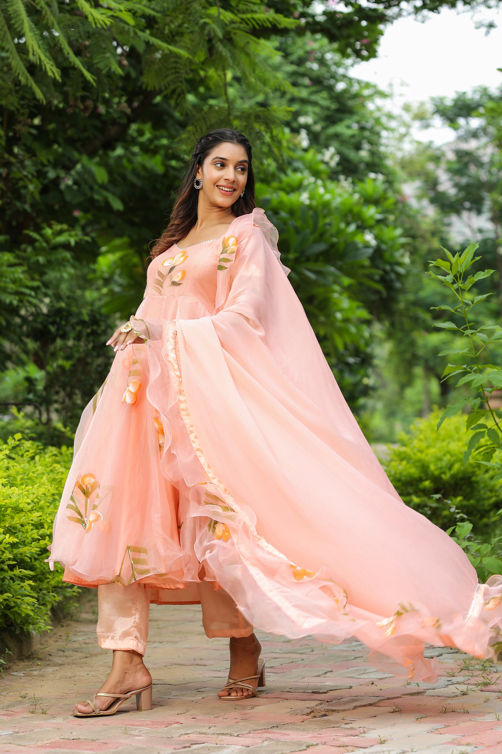 Cinderella Blue Hand Print Organza Anarkali Suit Set