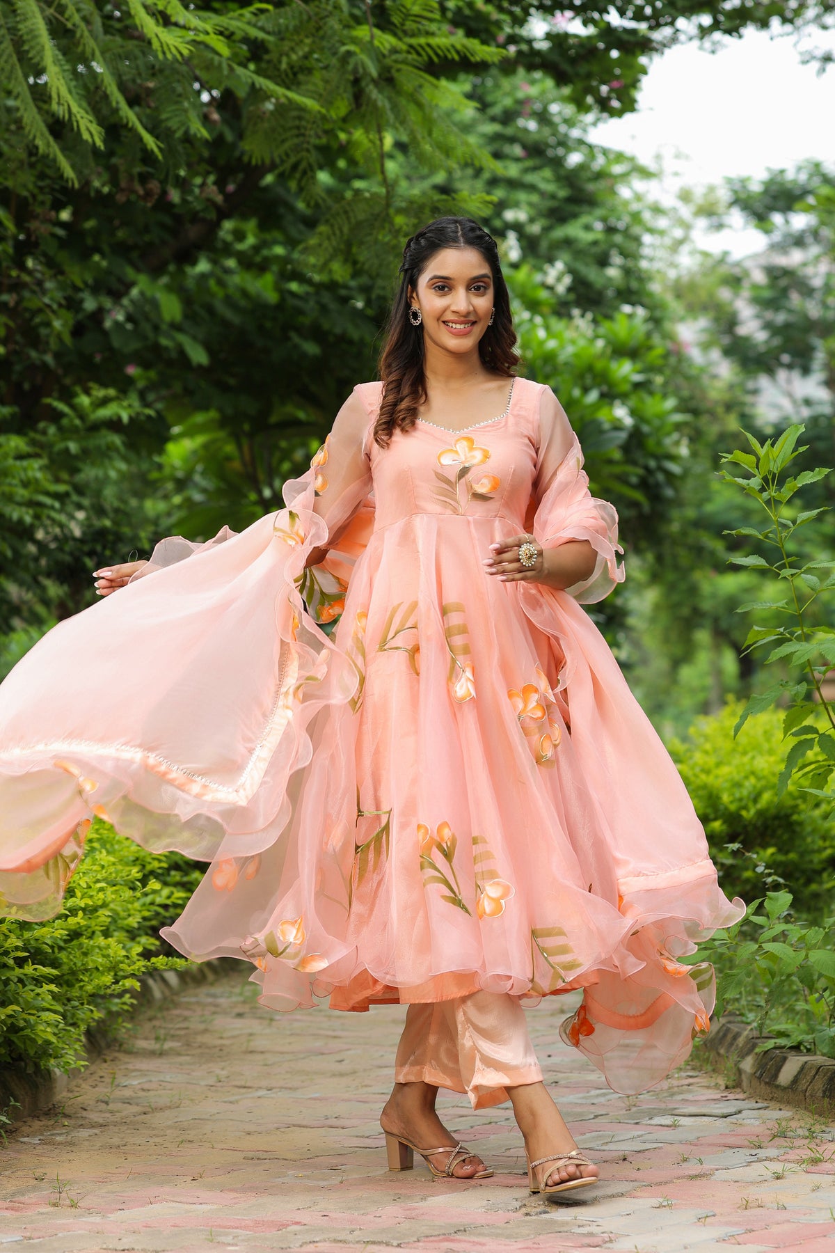 Cinderella Blue Hand Print Organza Anarkali Suit Set