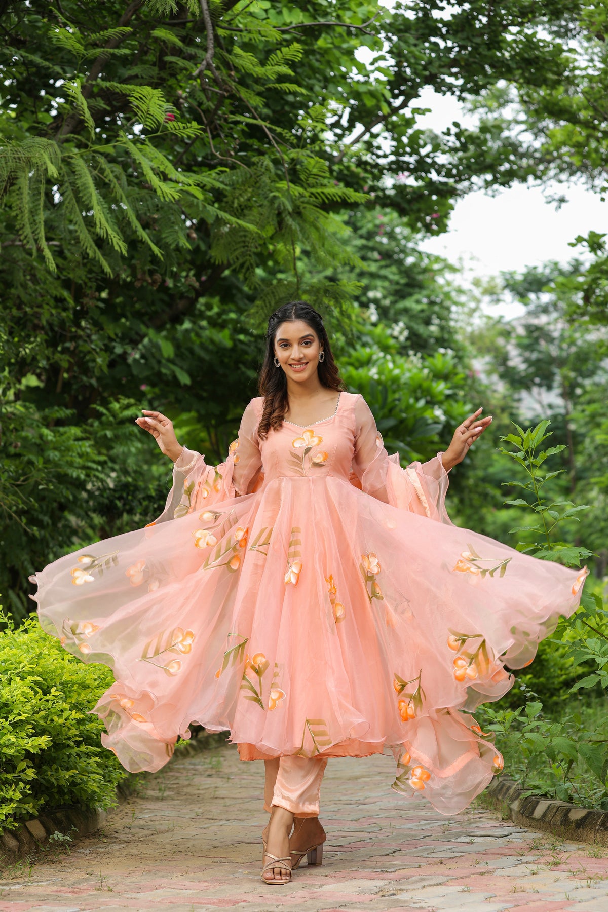 Cinderella Blue Hand Print Organza Anarkali Suit Set