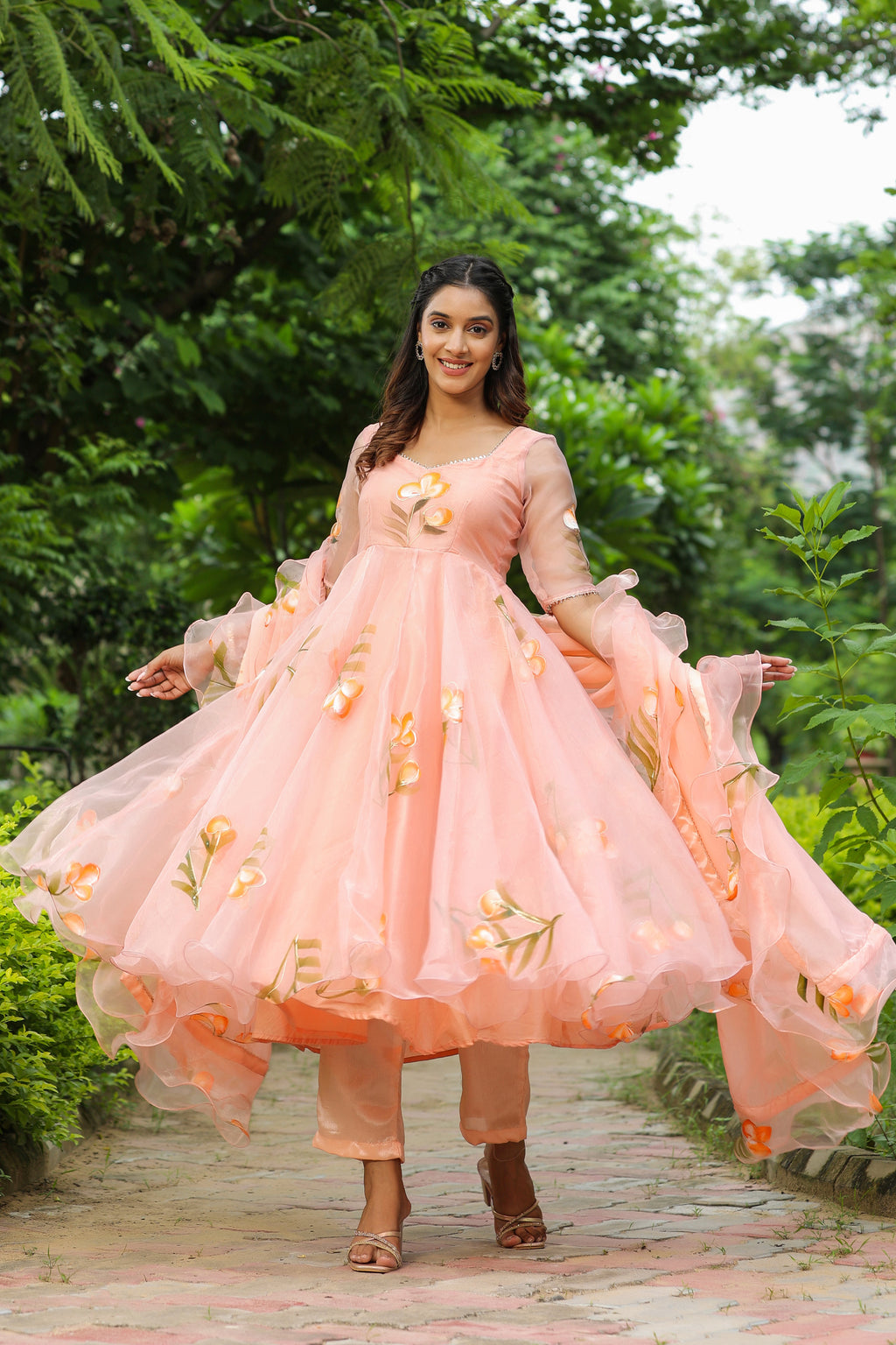 Cinderella Blue Hand Print Organza Anarkali Suit Set