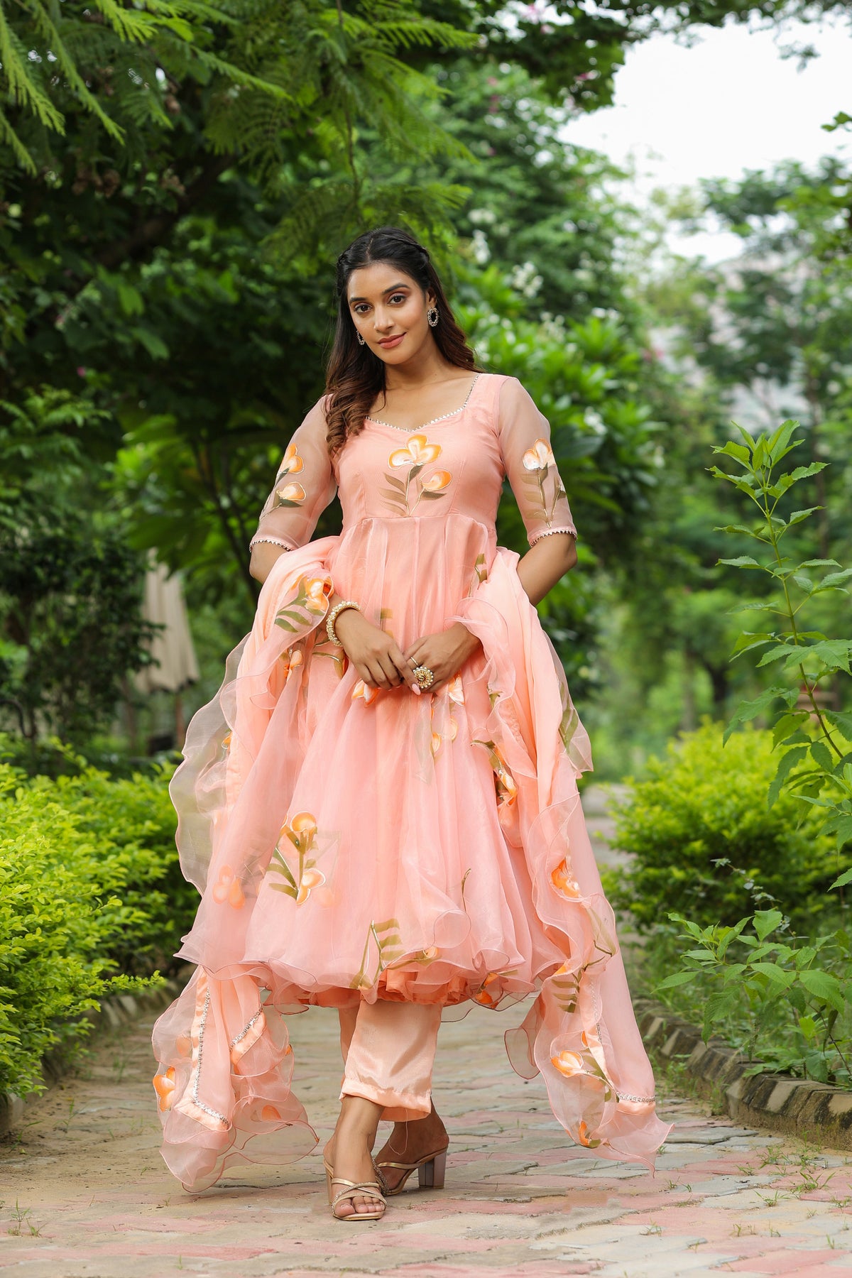 Cinderella Blue Hand Print Organza Anarkali Suit Set