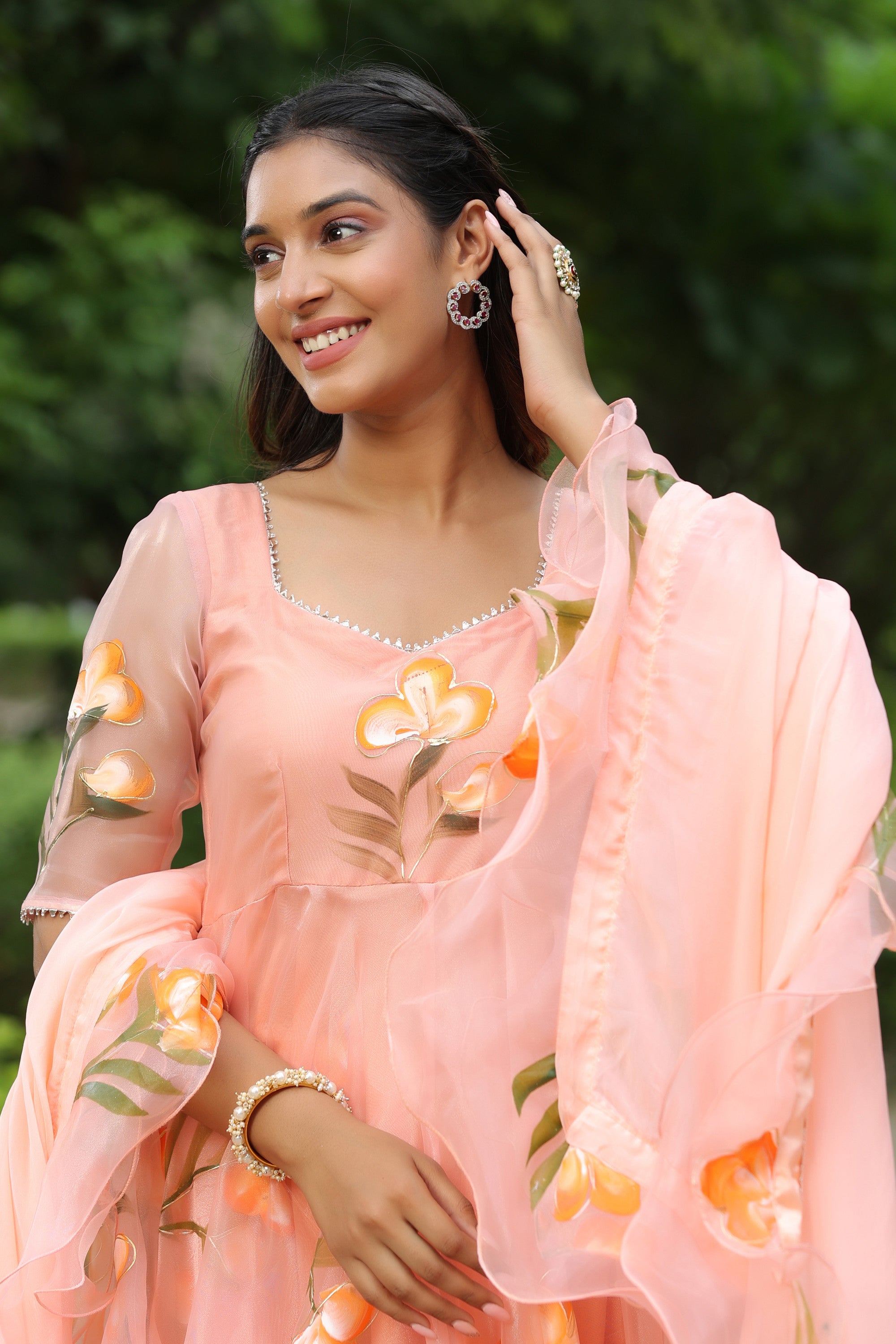 Cinderella Blue Hand Print Organza Anarkali Suit Set