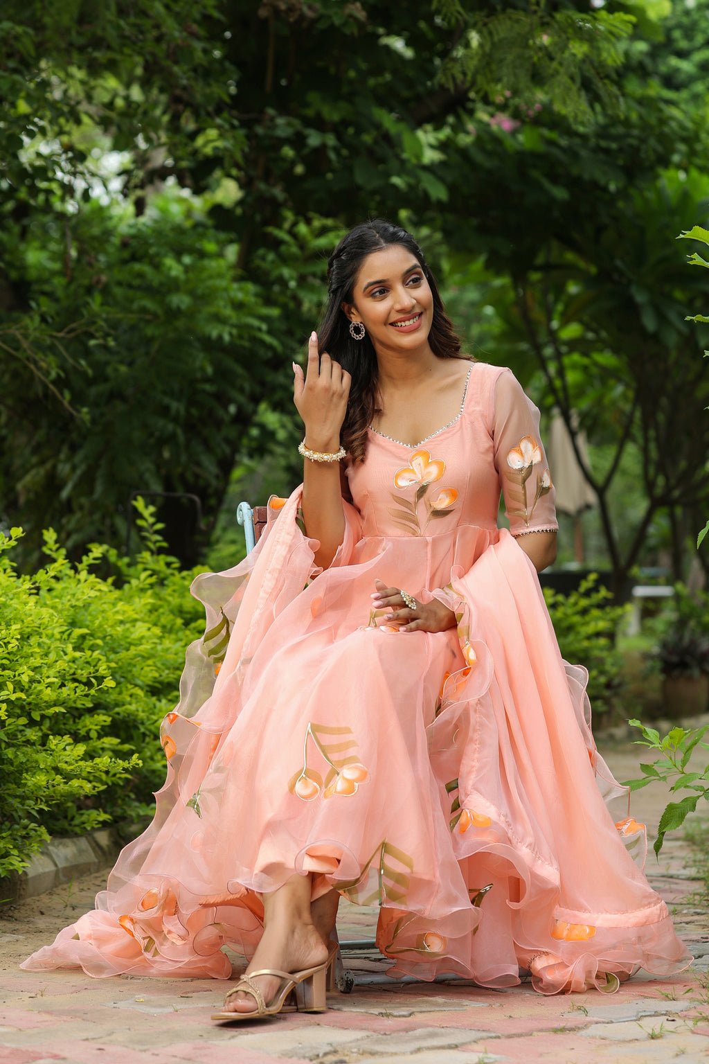 Cinderella Blue Hand Print Organza Anarkali Suit Set