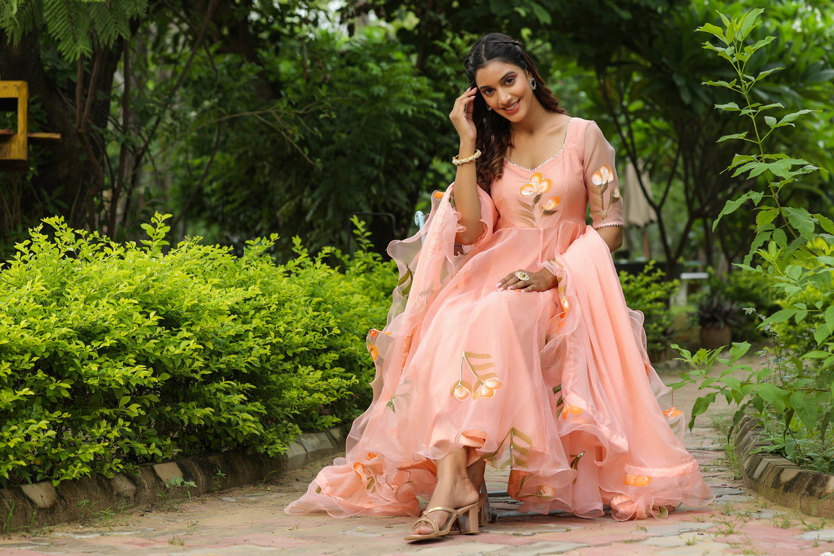 Cinderella Blue Hand Print Organza Anarkali Suit Set