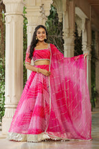 French Rose Organza Bandhani Print Lehenga Set