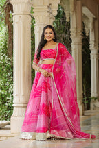 French Rose Organza Bandhani Print Lehenga Set
